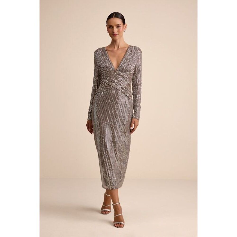 Lulu's Silver Sequin V-Neck Midi Dress